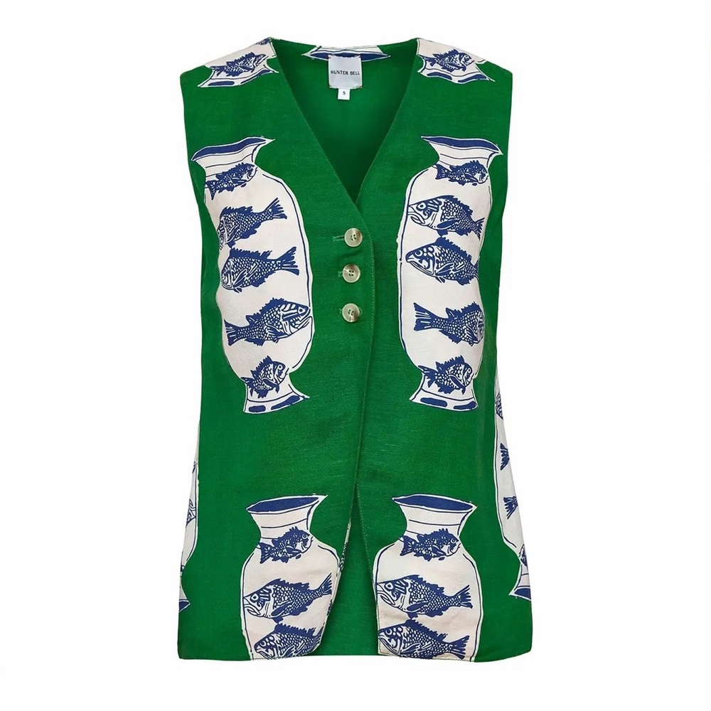 Hunter Bell Lachlyn Fish Vase Herring Green Print Linen Vest Sleeveless Top 4